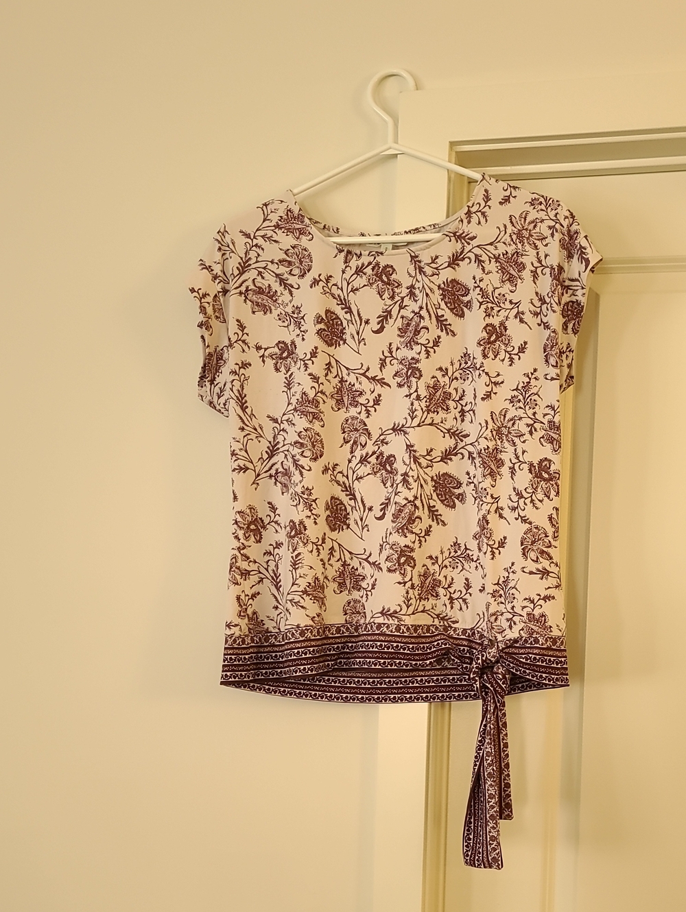 cleo Cream Blouse with Plum Floral Border and Side Tie